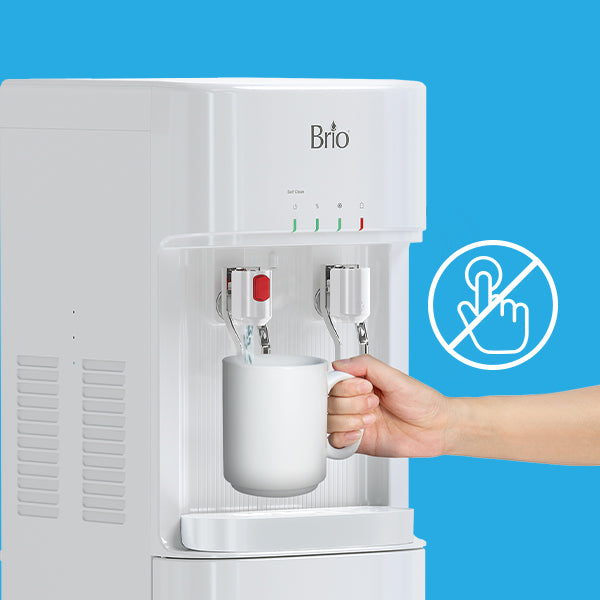 A hand holds a white mug under the spout of a white Brio water dispenser with water pouring in. A no touch icon is displayed on a blue background beside the dispenser.